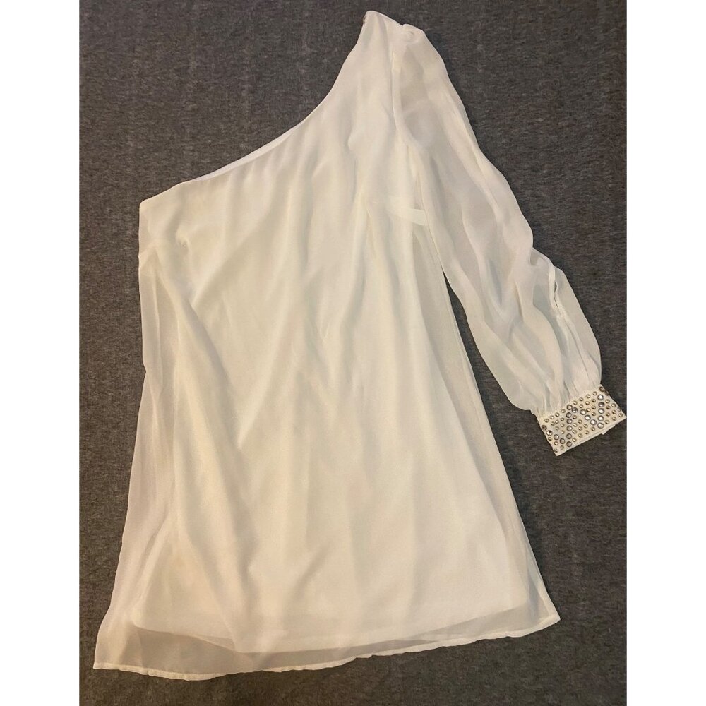 Sequin Hearts One-Shoulder Short Dress‎ Small White Chiffon Studded Cuff Detail